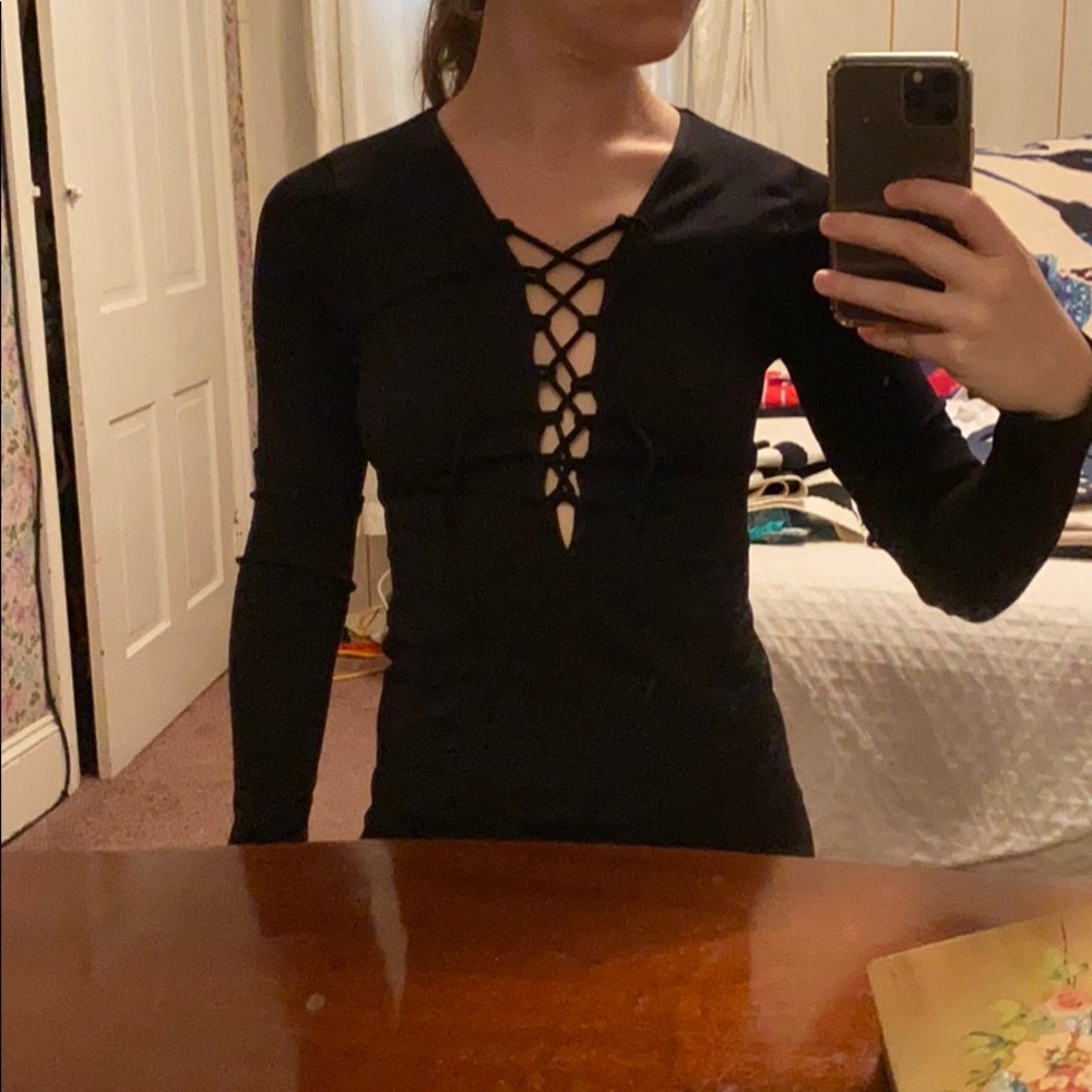 Free People Lace Up Black Top